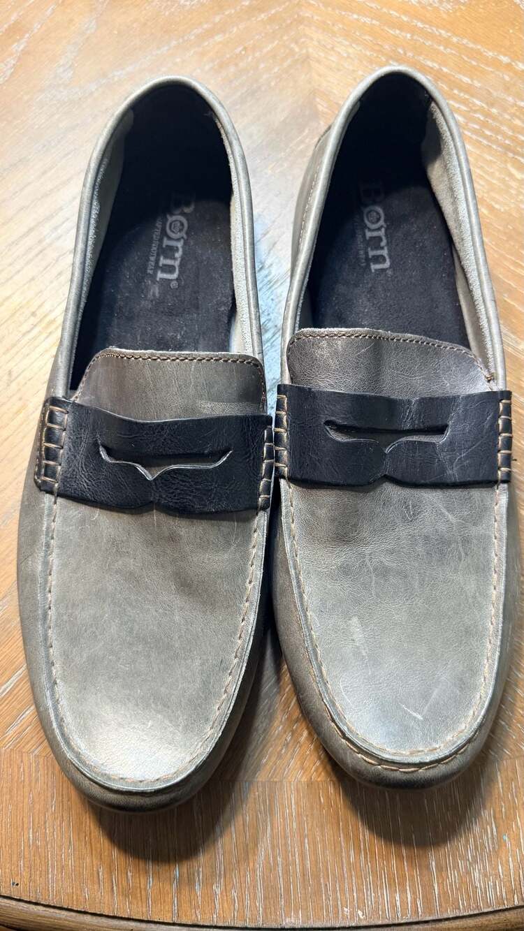 Born Men’s 12M Gray Black Leather Penny Loafers Driving Moc Casual Shoes H45922